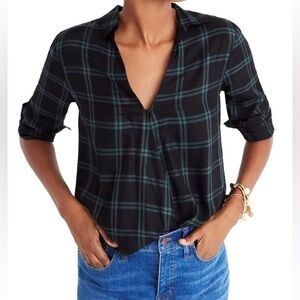 Madewell Black/Green Wrap Front Plaid Long Sleeve Blouse Sz XS